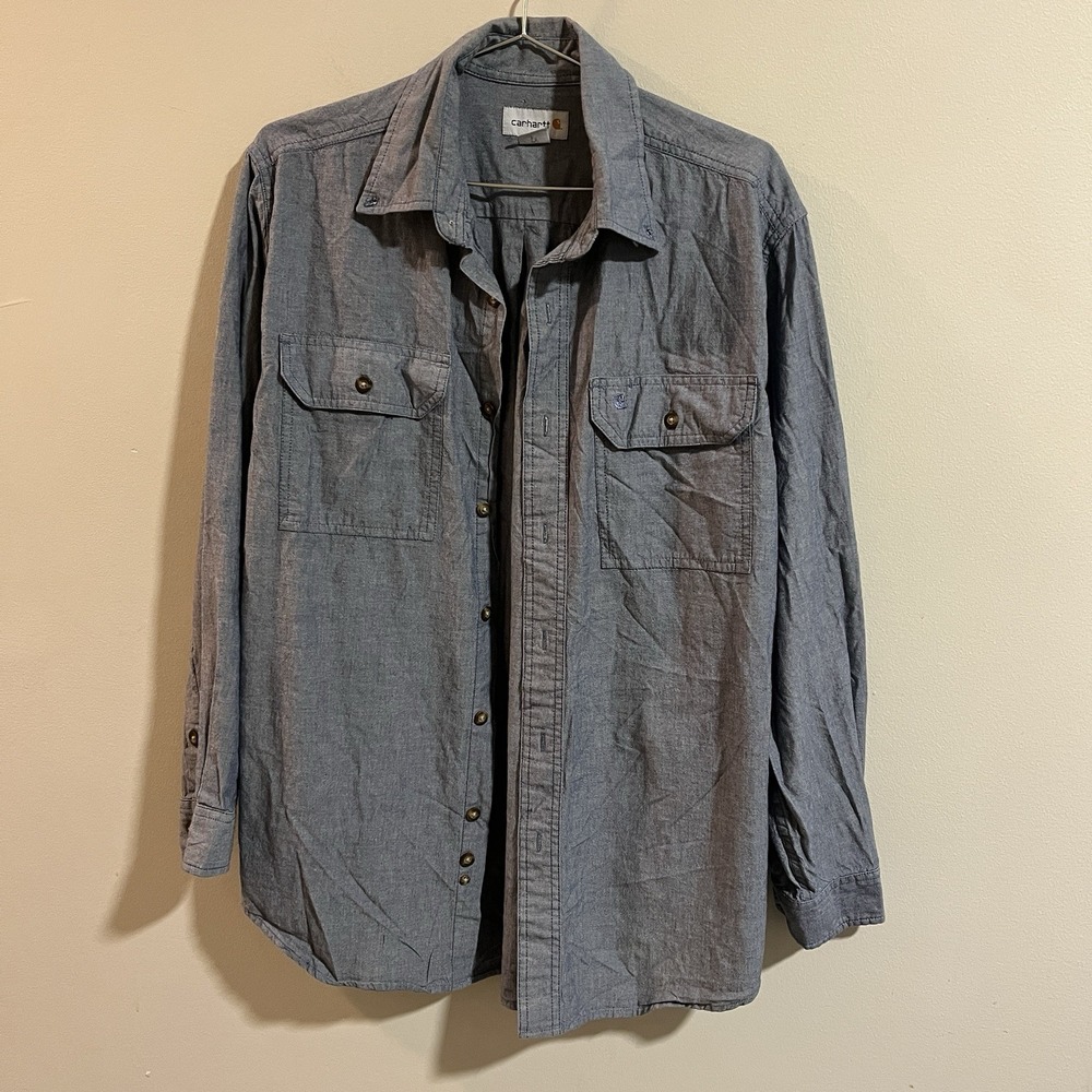 VTG Carhartt Shirt Mens Medium Grey Button Down Long Sleeve Work Cotton